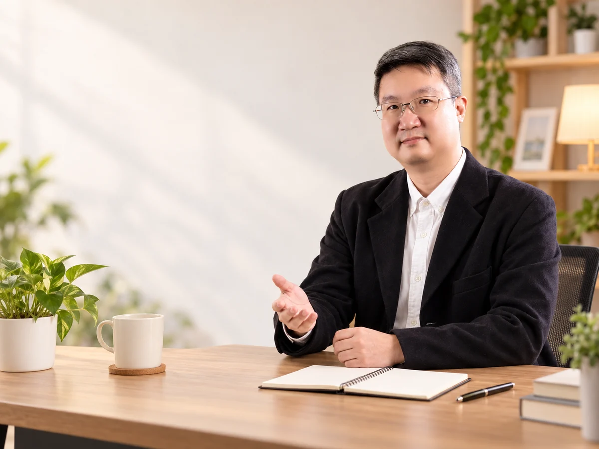教練坐在明亮諮詢室的桌旁，抬手引導對話