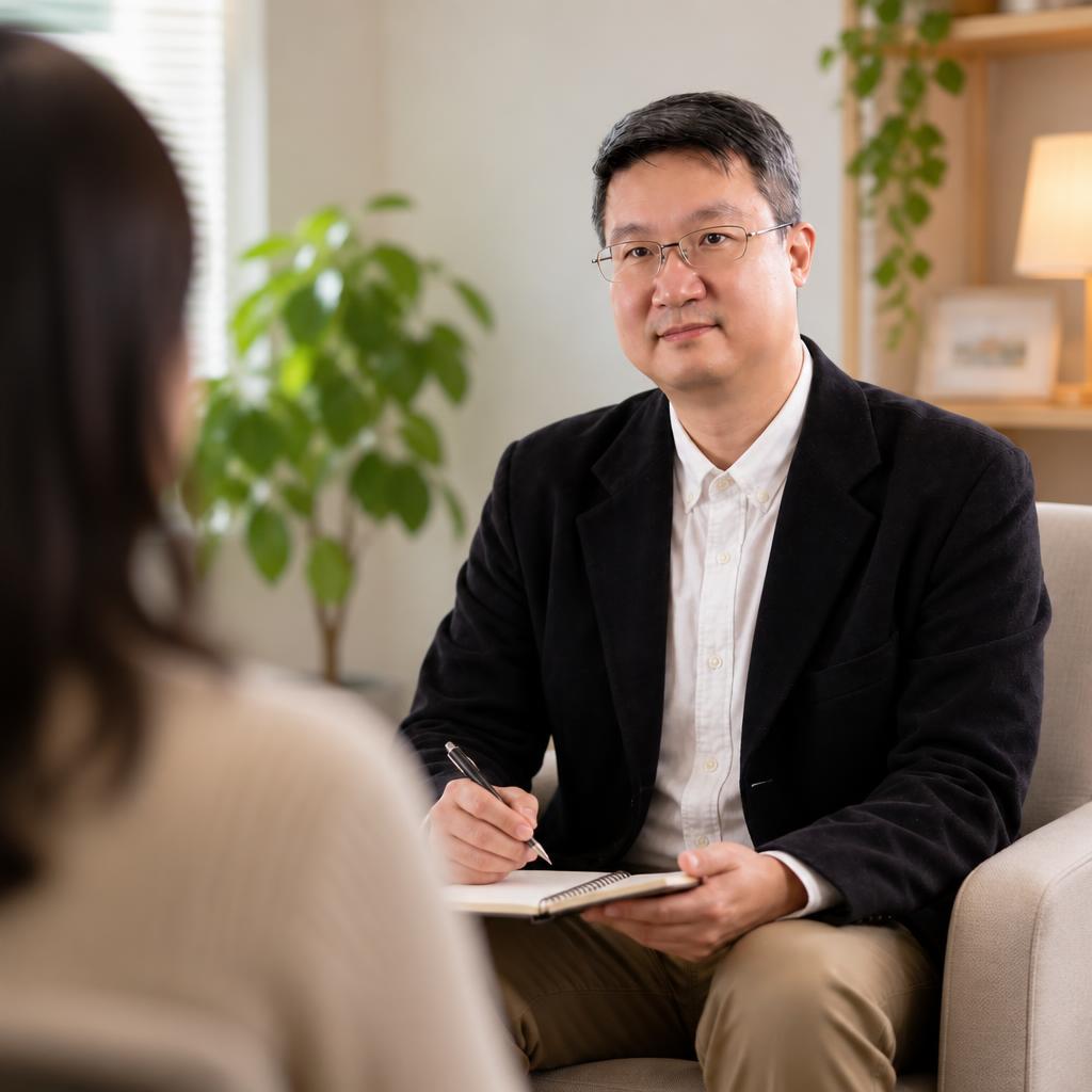 Stephen 教練面對鏡頭，與一位來談者進行諮詢